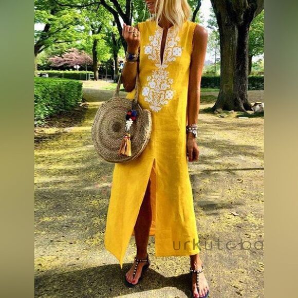 Soft Surroundings Daydream Cotton Linen Yellow Embroidered Maxi Dress D40 - Picture 1 of 10